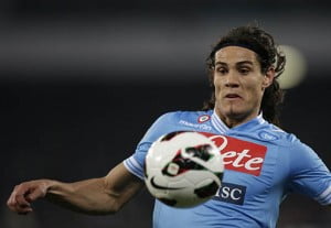 Napoli's Cavani controls the ball during the Italian serie A soccer match against Juventus at the San Paolo Stadium in Naples