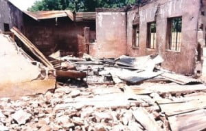 Block of classrooms at Government Secondary School, Mamudo, Yobe State, destroyed by Boko Haram members...on Saturday. 